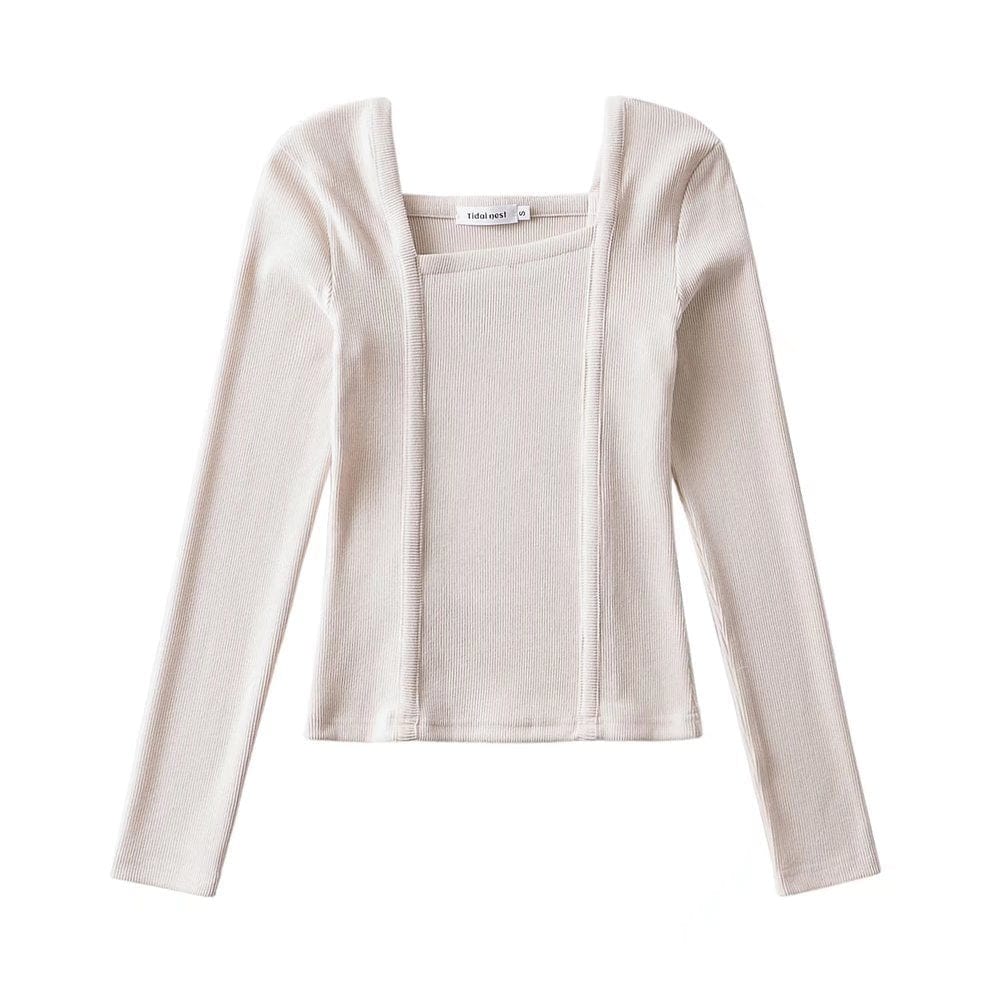 S / apricot R20122S Women's fashion solid color front pressure line asymmetric front collar bottoming top knitted shirt tops