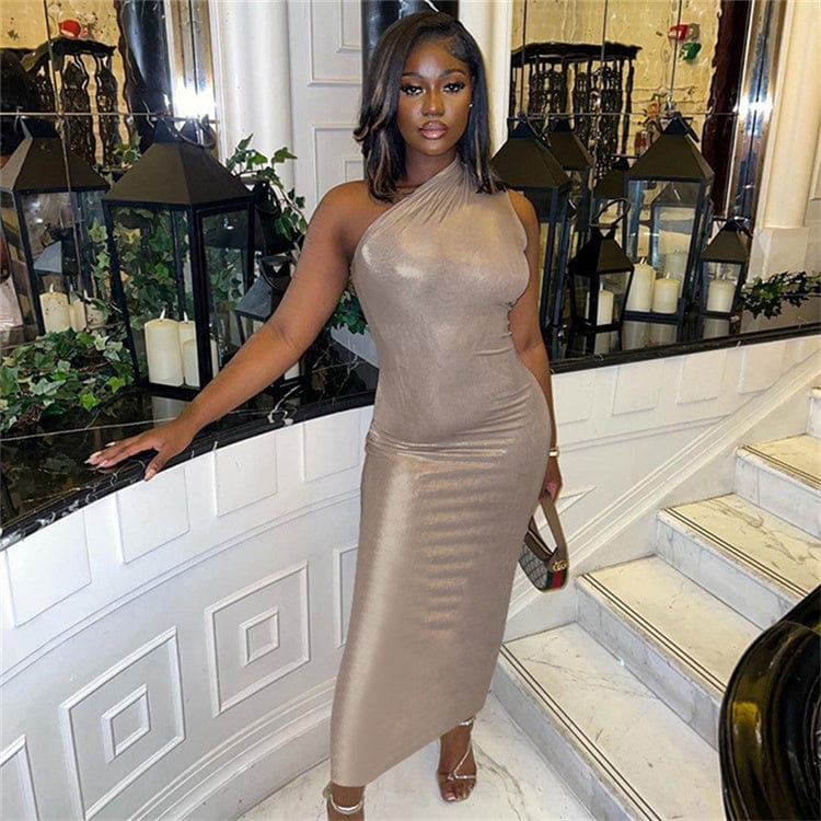 S / Apricot Sexy Solid Asymmetric Bodycon Maxi Dresses Club Outfit For Women 2023 Inclined Collar Party Long Dress