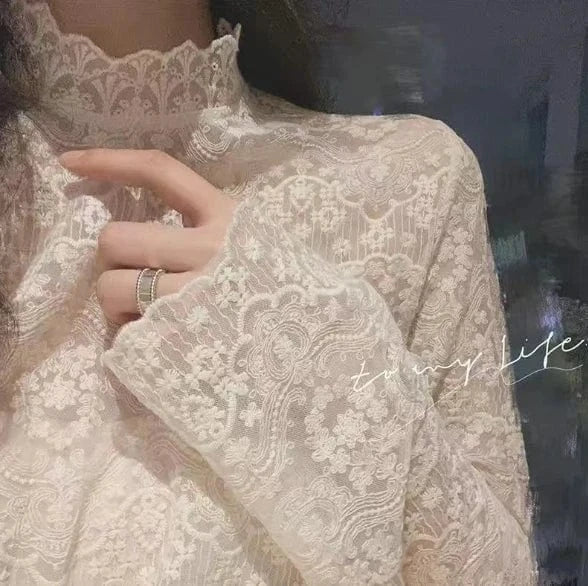 S / Apricot thin Liu Ming Dropshipping Products 2024 Spring Autumn Long Sleeve Turtleneck Mesh Tops Women Lace Shirt