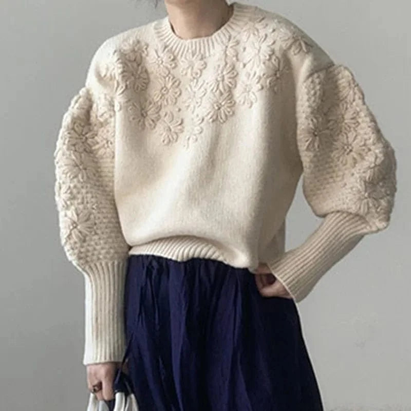 S / Apricot Vintage Round Neck Heavy Three-dimensional Embroidery Daisy Loose Casual Lantern Sleeve Sweater