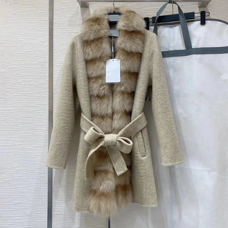 S / Apricot Wholesale Custom Winter Warm Women Long Genuine Wool Cashmere Coat with Fox Fur Collar