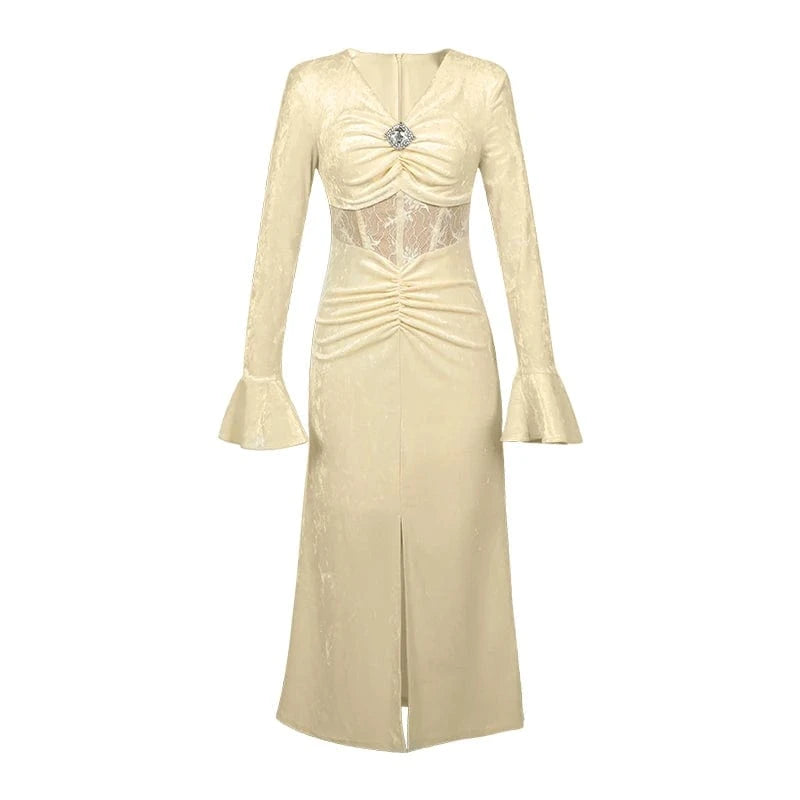 S / Apricot ZYHT 21062 Bell Sleeve Front Split Casual Big Swing Dresses Waist See-Through Lace Patchwork Velvet Slim Dress