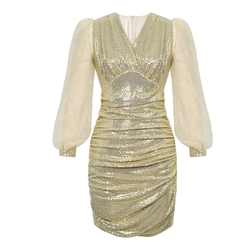S / Apricot ZYHT 30687 2024 Spring New Style V-neck Sequined Classy Sexy Evening Mini Dress Lantern Sleeve Ruched Club Party Short Dress