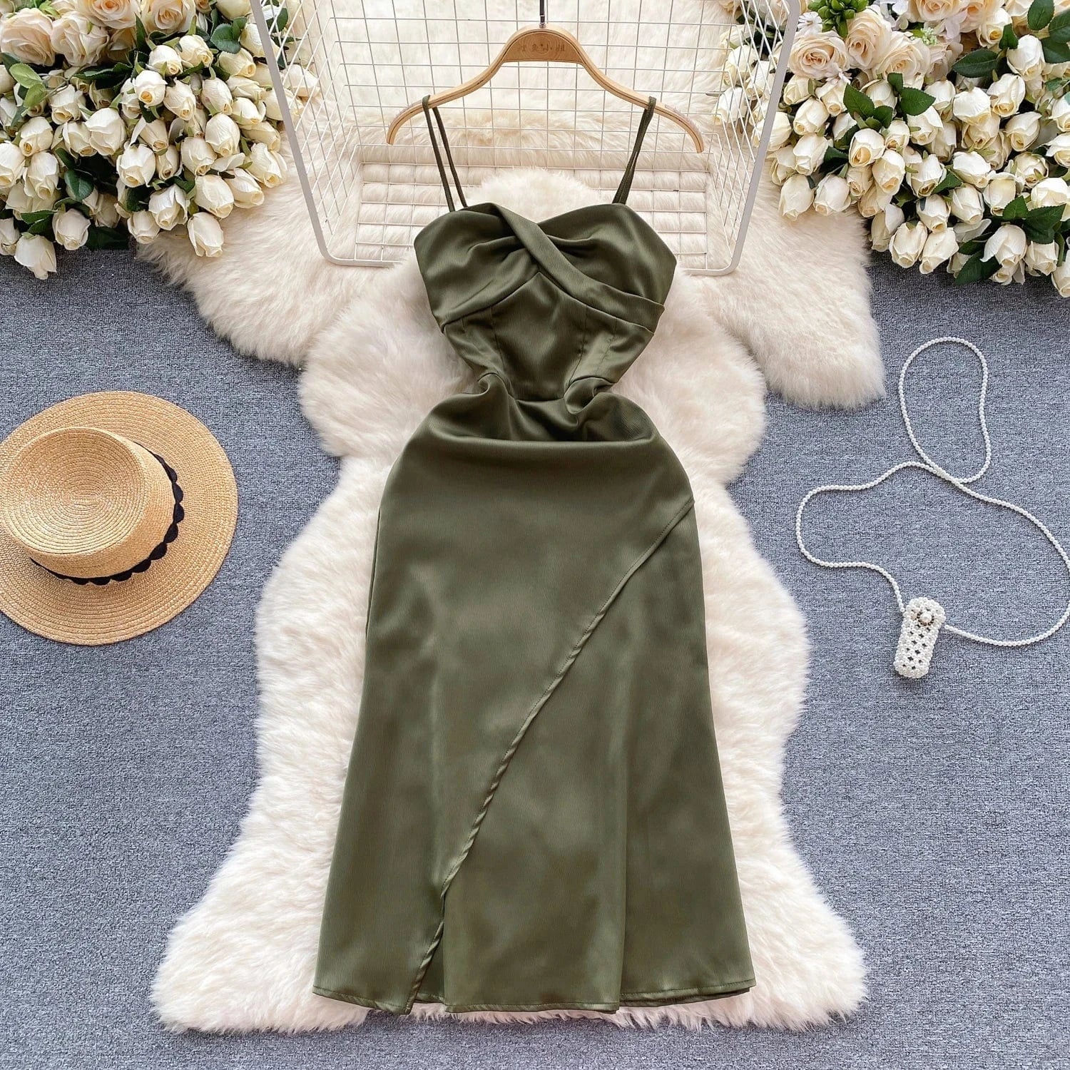 S / Army Green C Female Kink Slim Design Sense Waist Chic Small Temperament Long Dress