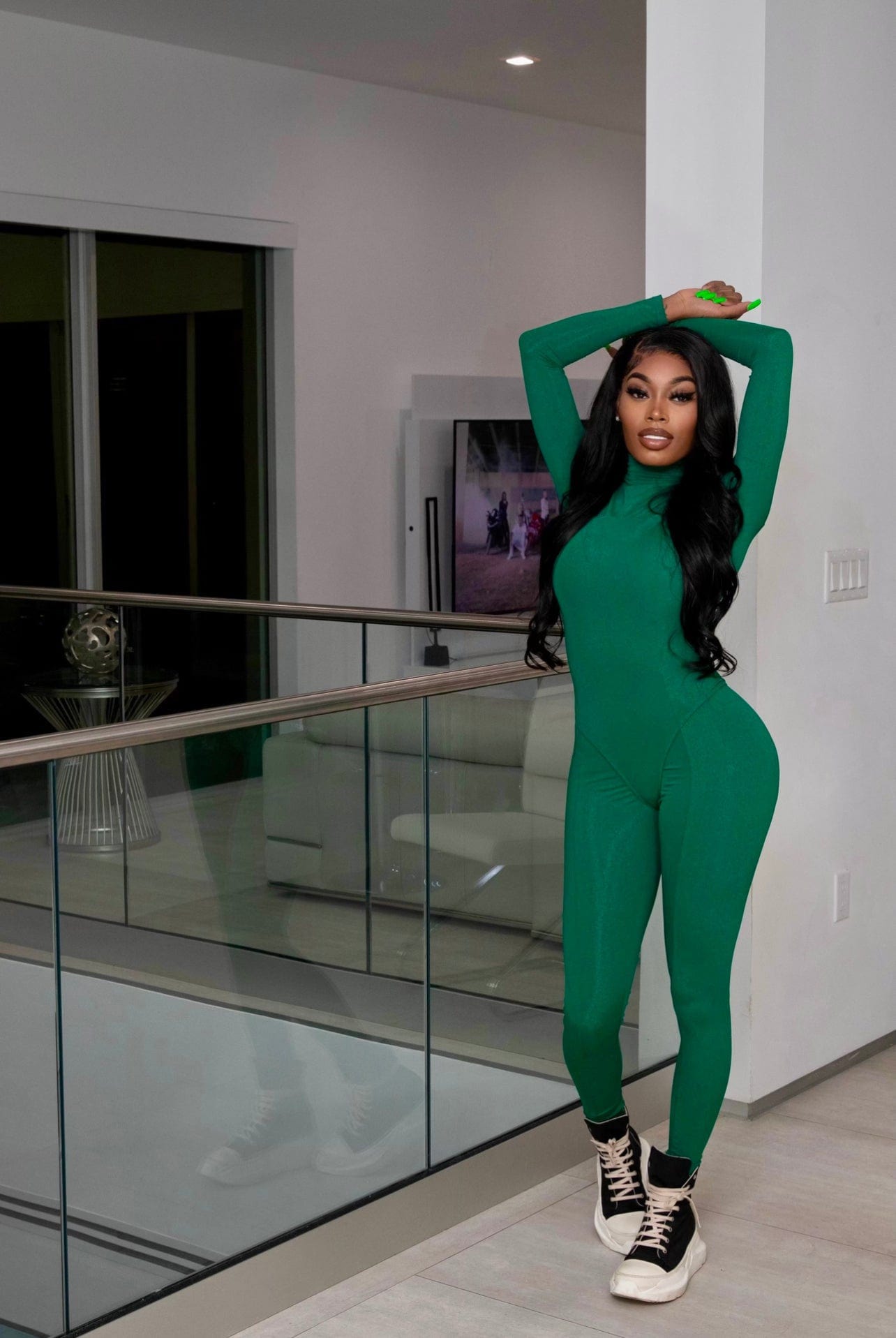 S / Army Green C1103TA67 Latest Casual Solid Color Stand Collar Bodysuit High Waist Pants 2 Piece Set Women Sehe Fashion