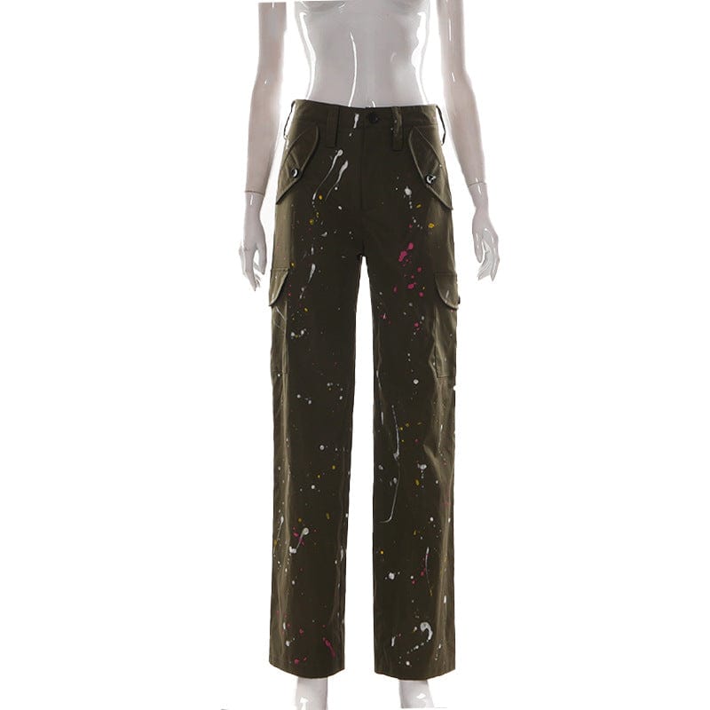 S / Army Green C1295 Spring new graffiti hand-painted button pocket overalls outdoor casual trousers for women