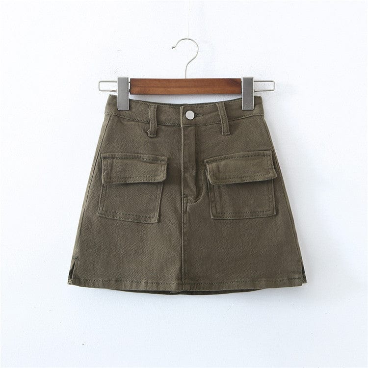 S / Army Green Denim Cargo Mini Skirt Women Women Pocket Harajuku Jean A-line Skirts Streetwear