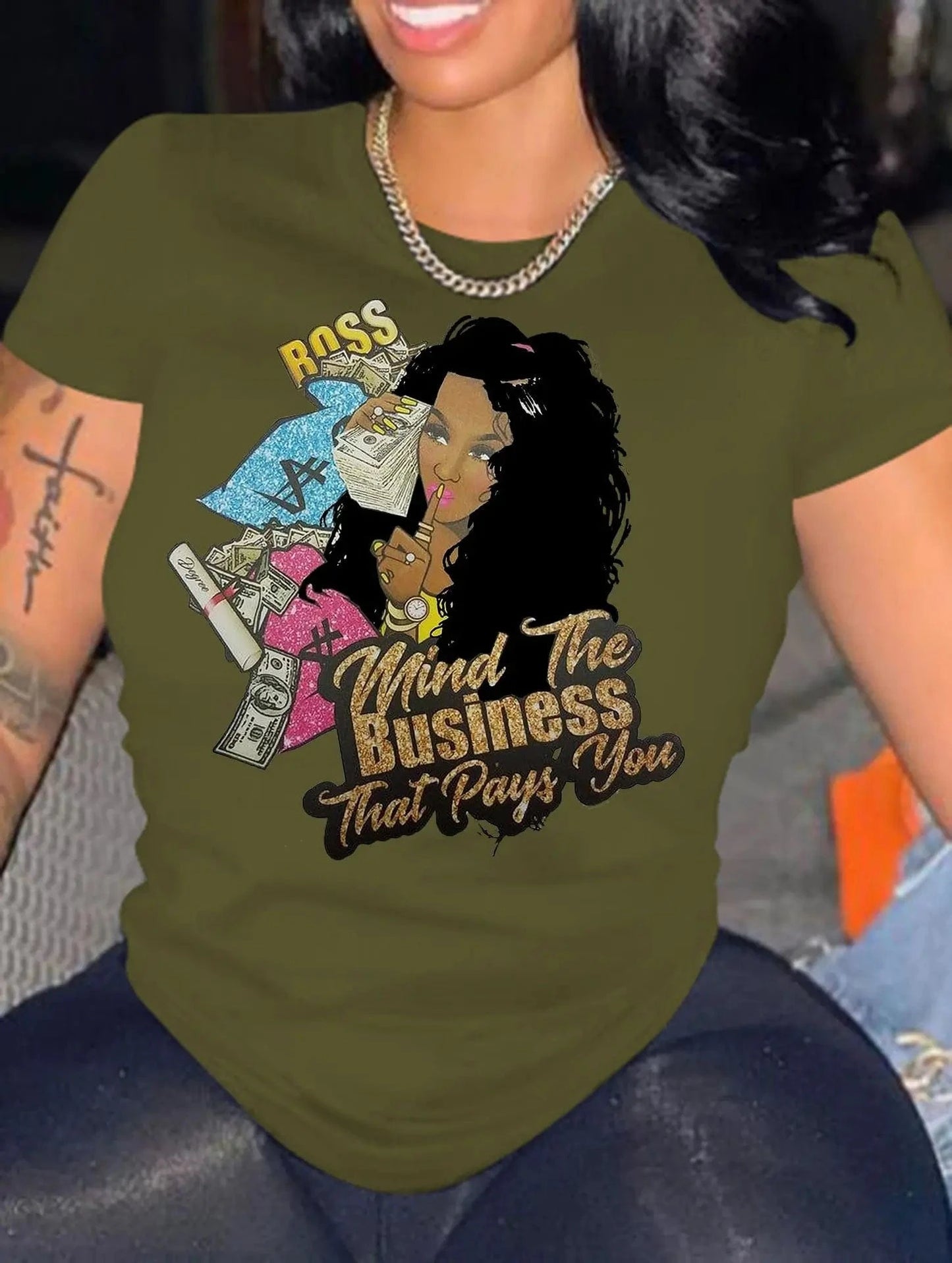 S / Army Green(girl printed) Summer 100%cotton Short Sleeve Printed T shirt Girl Graphic Letters Print Women Tops