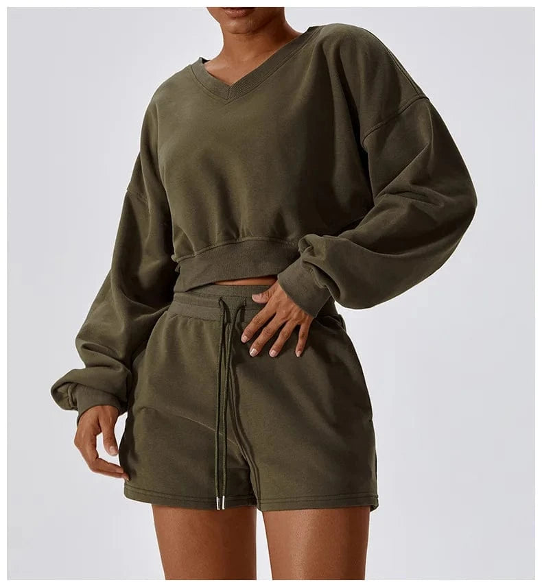 S / Army Green LULUXIXIYAYA Cotton Sport wear suits custom logo cotton oversized V neck hooded sweatshirt Women Fall two piece shorts sets