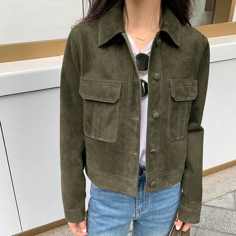 S / Army green New Style Turn Down Collar Suede Leather Jacket Women Vintage Cropped Sheep Leather Jacket