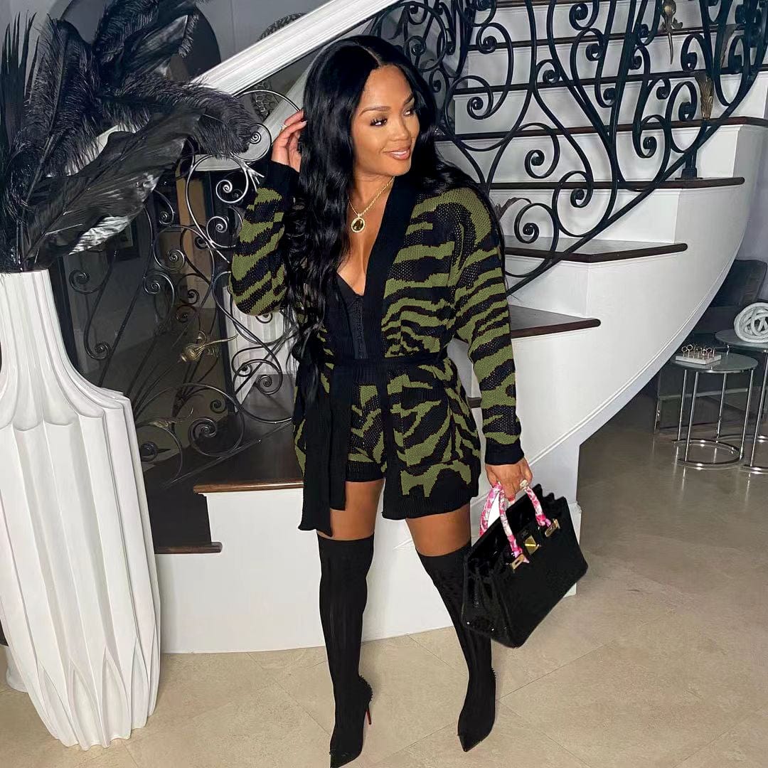 S / Army Green Trendy Women Clothes Autumn 2 Pieces Sets Sweater Outfit Manual Knitted Leopard Coat Shorts with Belt
