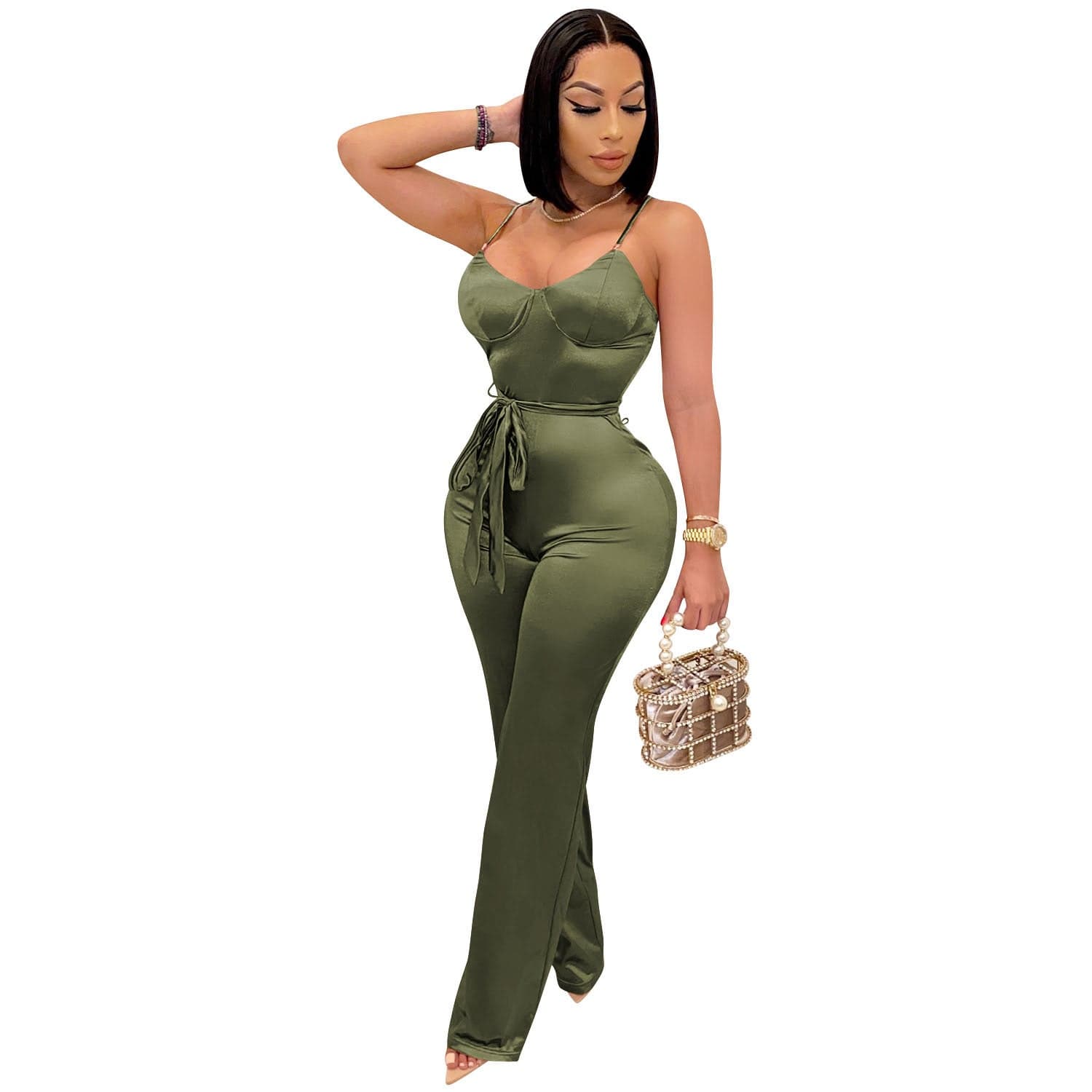S / Army Green Women's clothing ladies tsolid color raight leg pants casual commuting suspender sexy one piece women jumpsuits