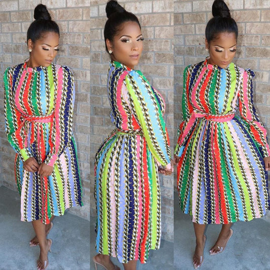 S / As Photo Fashion Printed Waist Belt Rainbow Color Pleated Office Career Women Dress