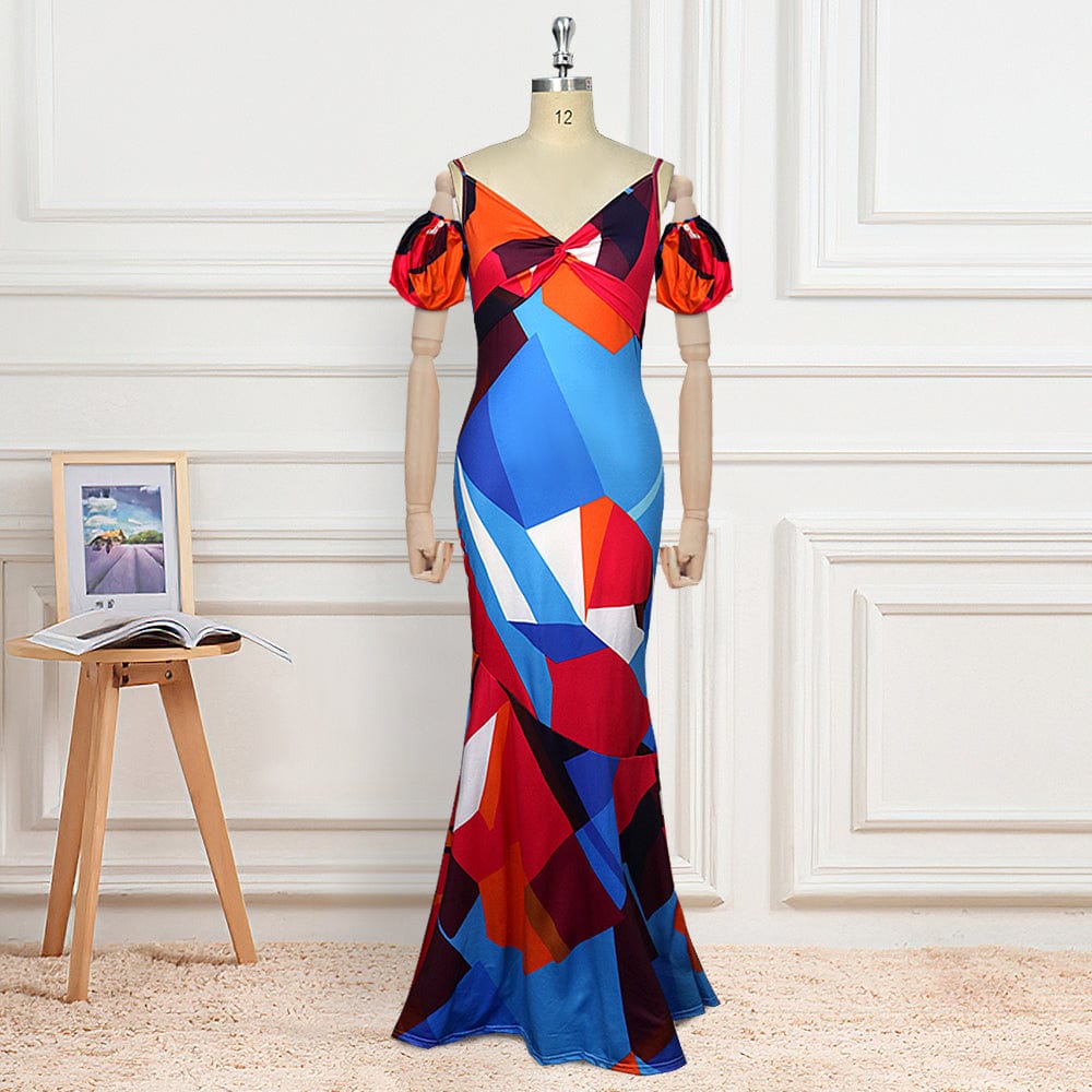 S / As Photo Summer Colorful Print Short Puff Sleeve Geometric Women Casual Dresses