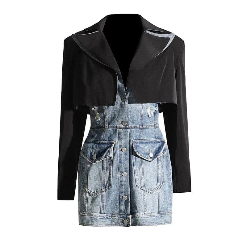 S / as picture CHICEVER Notched Collar Sleeveless High Waist Denim 2 Piece Women Fall Winter Sets 2023