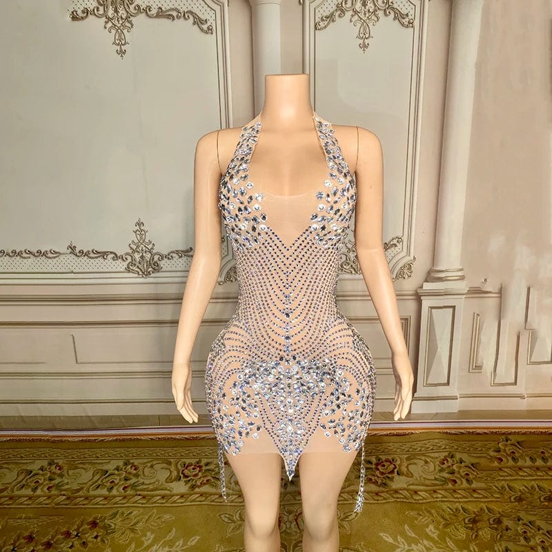 S / as the picture Novance Y3239 Latest America New Fashion Ladies Fashion Dresses Diamonds Mesh Beaded dresses Luxury High Neck Shirts for Party