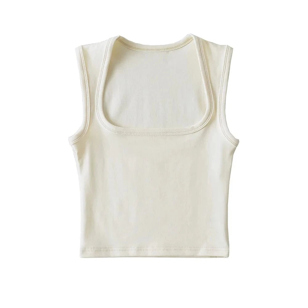 S / Beige 24 colors Custom logo blank plain Square Neck deep Wide Rib Stretchy Sleeveless Women's Tank top women crop top