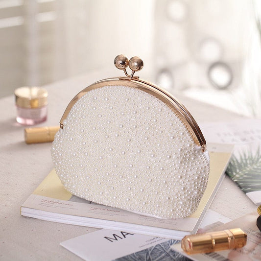 S / Beige Beaded Clutch Bag New Simple Fashion Pearl Banquet Evening Hand Bag with Pearl Chain Dinner Party Bag Women