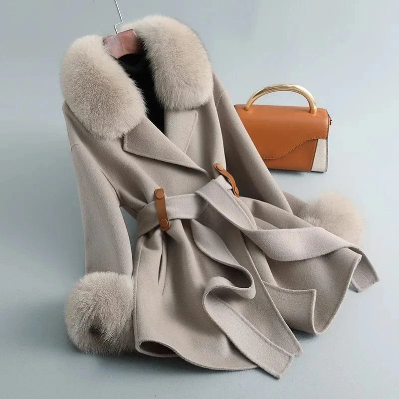 S / Beige Belted Double Sided Wool Coat Ladies Cashmere Wool Coat With Detachable Fox Fur Collar