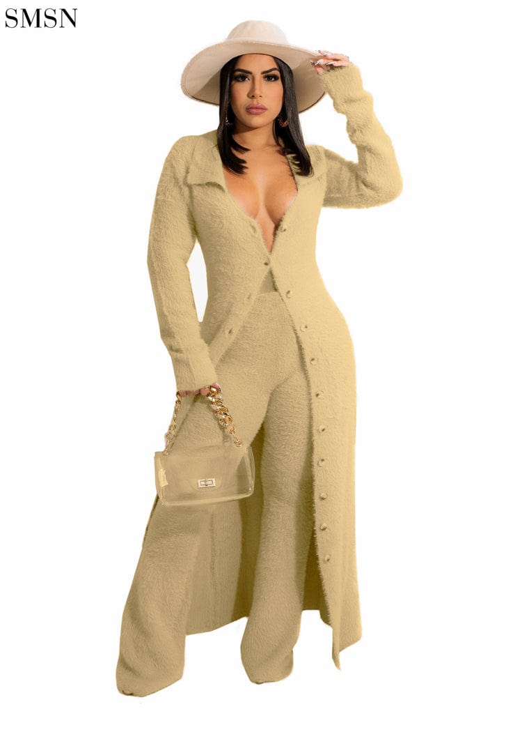 S / Beige Best Design Solid Color Plush Long Coat Casual Suit Wholesale 2 Piece Set Women Clothes 2 Pice Women Sets