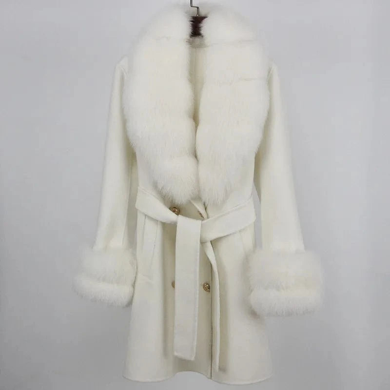 S / Beige Cashmere Coat Women's Mid-Length 2023 Autumn And Winter New Fox Fur Collar Slim-Fit Woolen Coat