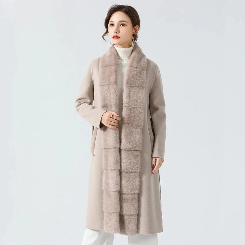 S / Beige Elegant Double Sided Wool Coat Detachable Real Mink Fur Trim Ladies Cashmere Coat