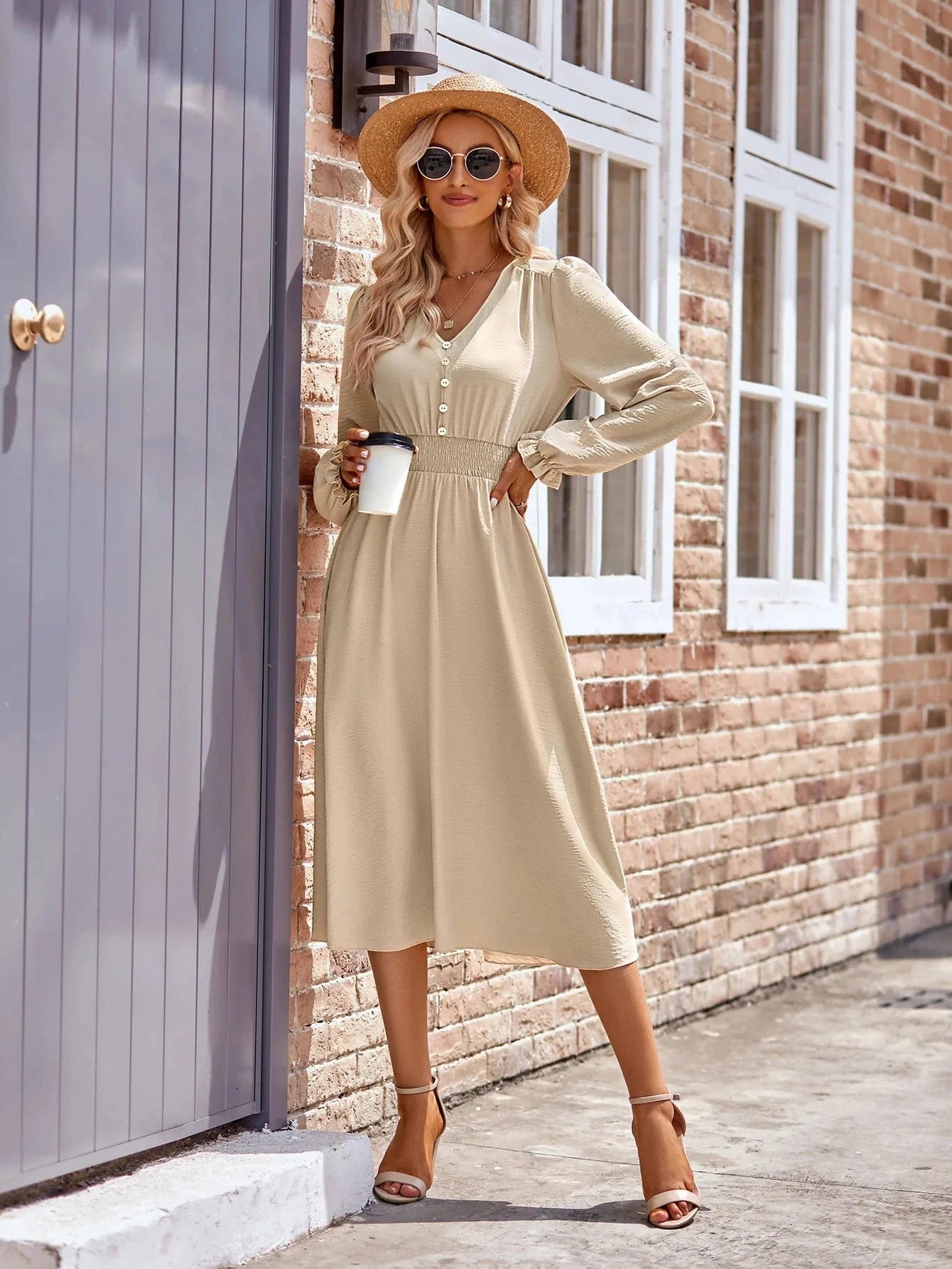 S / Beige European and American Autumn and Winter New women's V-neck waist-closed Solid color Mid-length dress