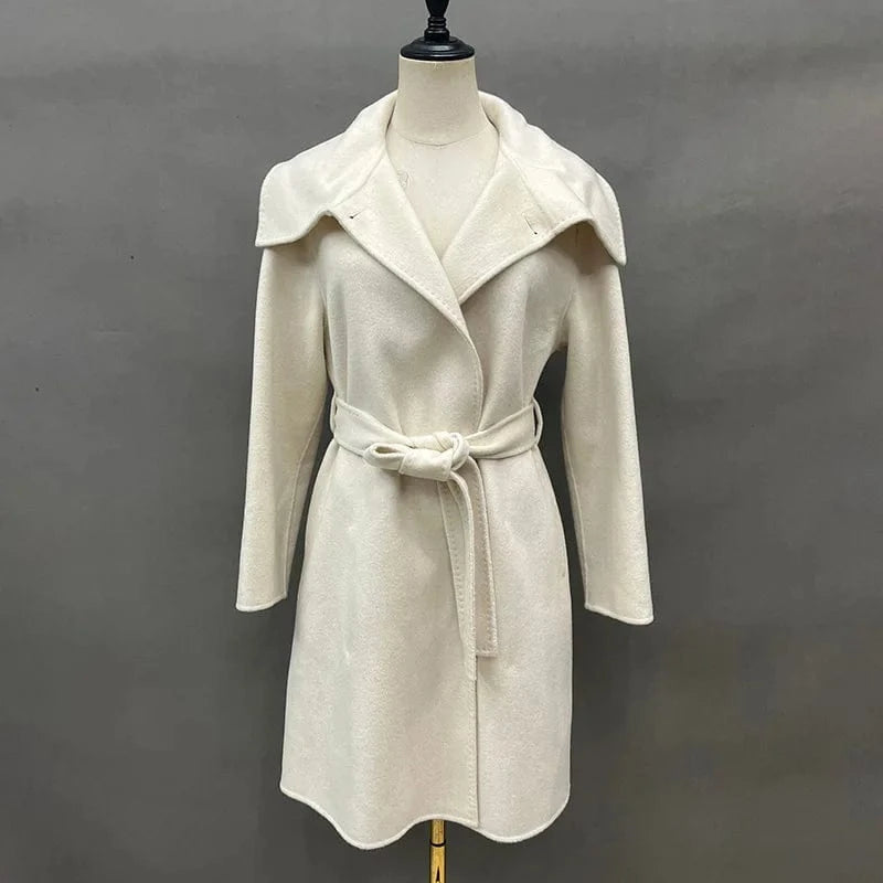 S / Beige High Quality Korean Double Sided Handmade Belted Long Cashmere Wool Coat for Women