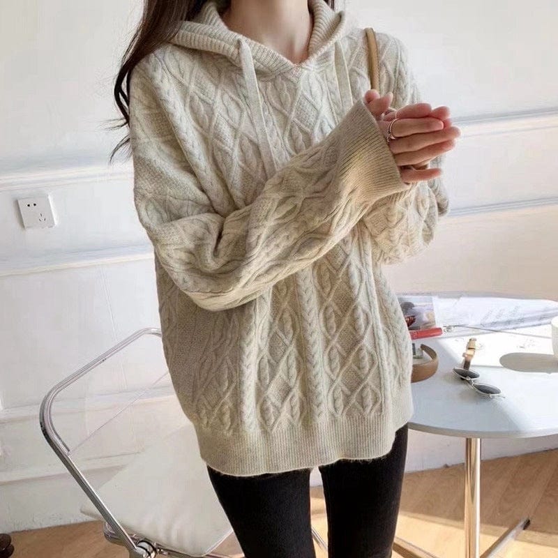 S / Beige New Hooded Thickened Knit Women's Twists Sweater Warm in Autumn and Winter Loose Outside