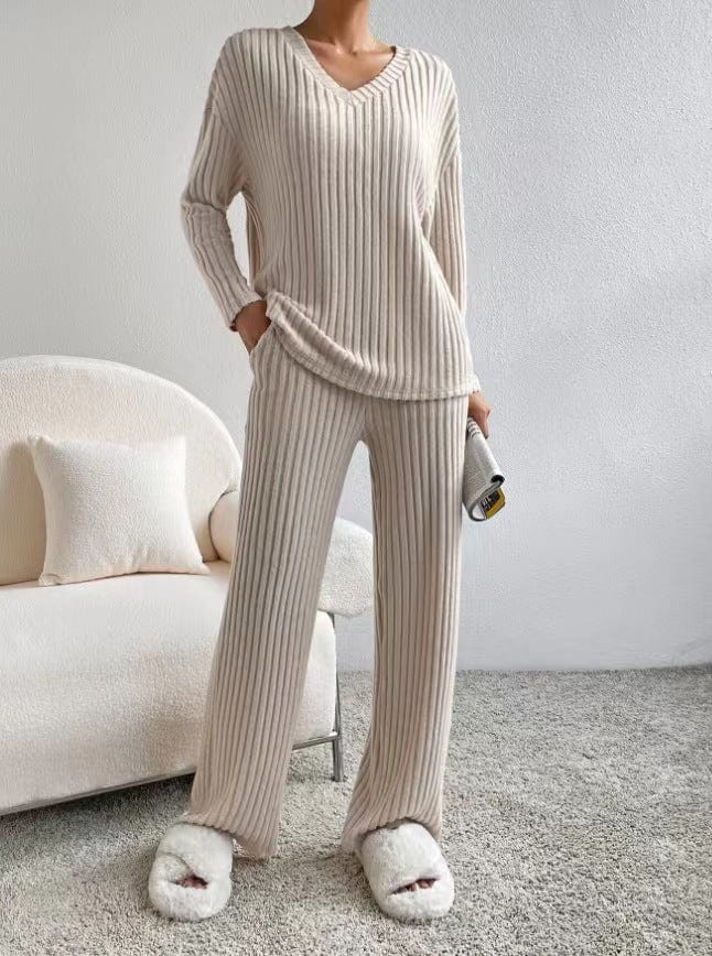 S / Beige PDEP autumn and winter new two piece set casual straight wide leg pant and long sleeve top lounge wear pajamas sets for women
