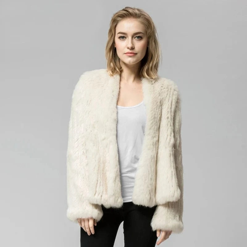 S / Beige Pudi CR002 The New fashion Knitted knit real rabbit fur coat overcoat jacket women