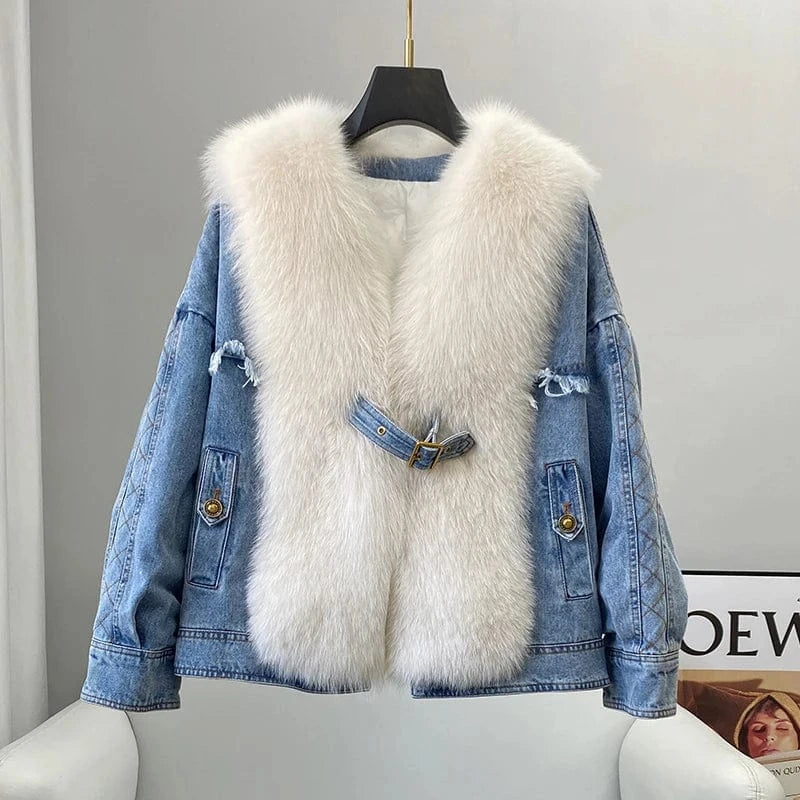 S / Beige PUDI Women Winter Warm Duck Down Jeans Coat New Female Real Fox Fur Collar Jackets CT2108