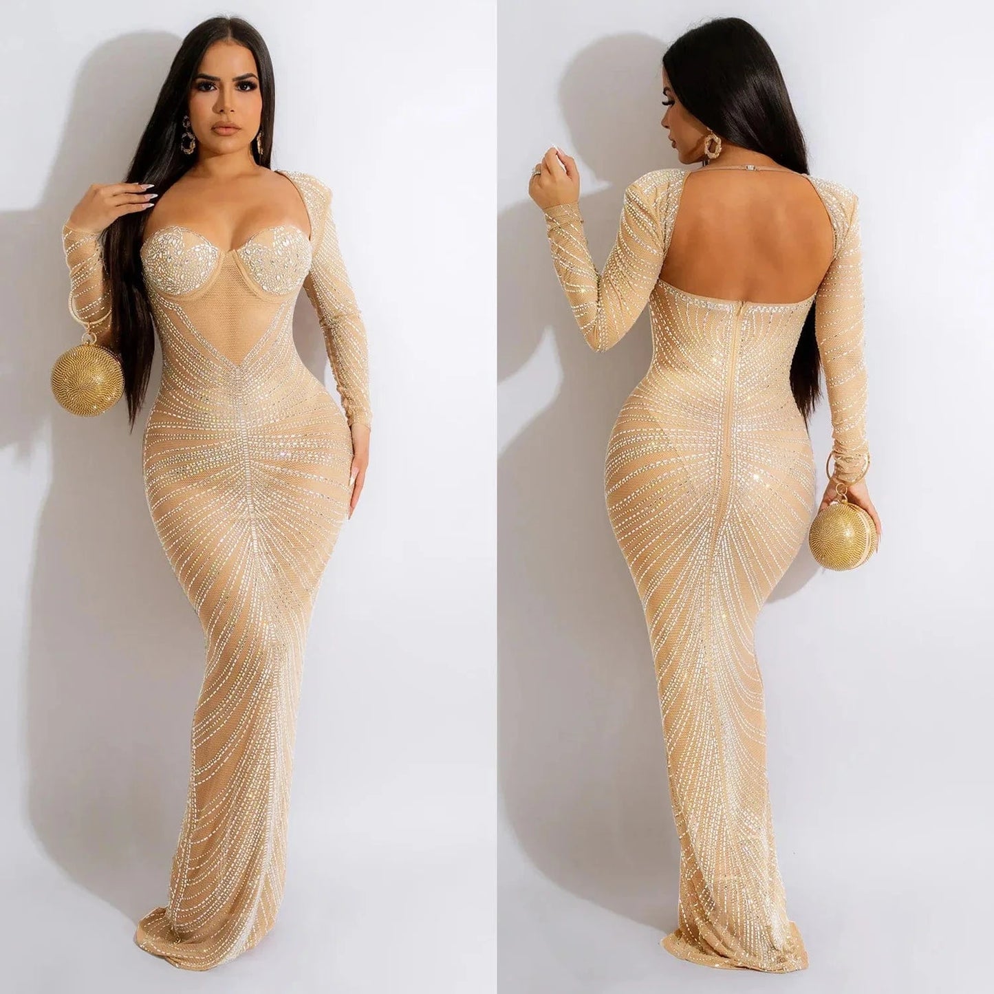 S / Beige Sexy Mesh Rhinestone Crystal Maxi Dress New Women Long Sleeve Sheer Skinny Night Club Long Dress