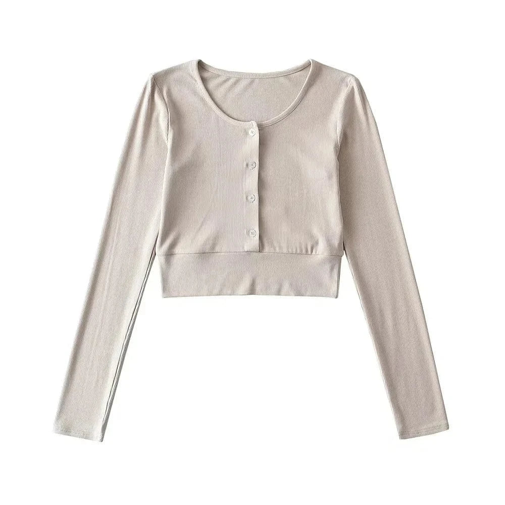 S / Beige T shirt Manufacture Custom Logo rib stretchy Elastic sleeve Cuff Crew neck button up CropPlain Long sleeve Women T shirt