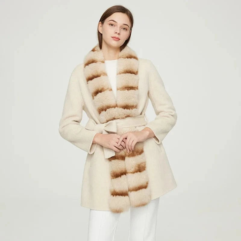 S / Beige Wholesale Custom Winter Warm Women Long Genuine Wool Cashmere Coat with Fox Fur Collar