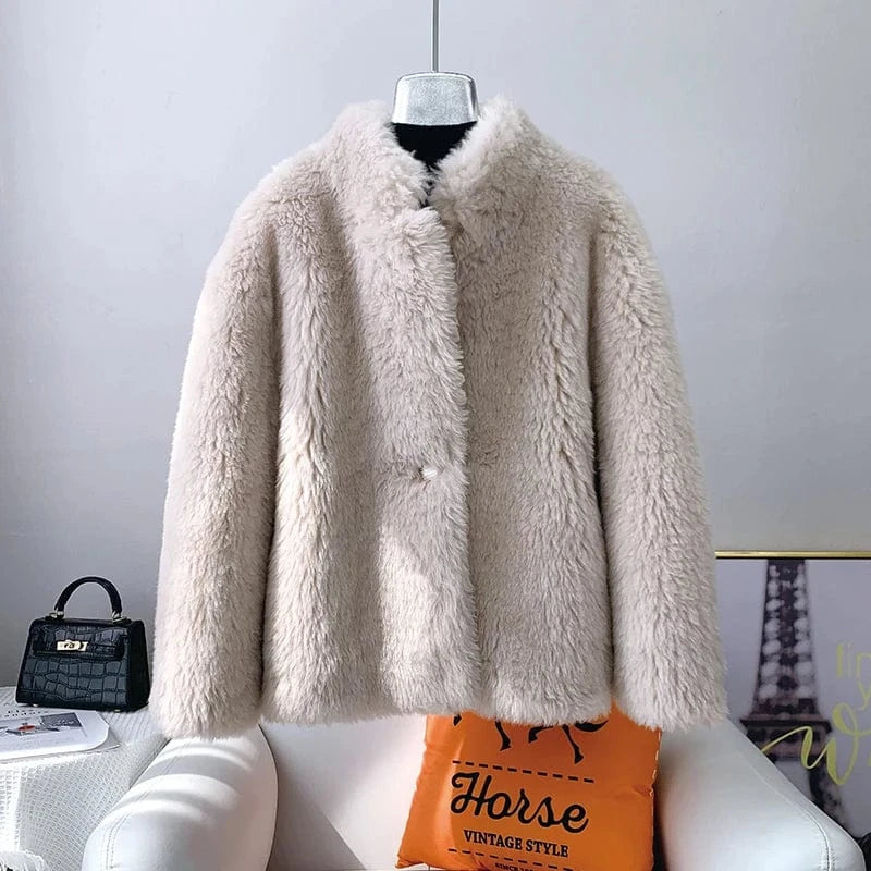 S / Beige Women Girl Warm Sheep Shearling Coat Female Lamb Wool Fur Winter Parka Fashion Jacket Overcoat JT3199
