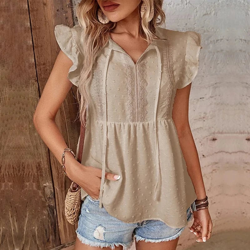 S / Beige Women Lady Girls Loose Short Sleeve Shirt  Hot Sale  Slim Spring Summer Elegant Ruffled  Casual Blouse Commuting  Shirt
