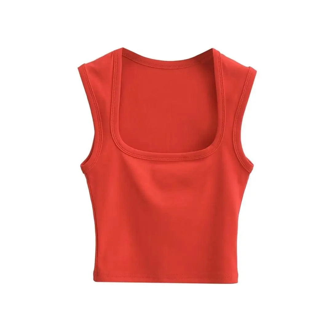 S / Big red 24 colors Custom logo blank plain Square Neck deep Wide Rib Stretchy Sleeveless Women's Tank top women crop top