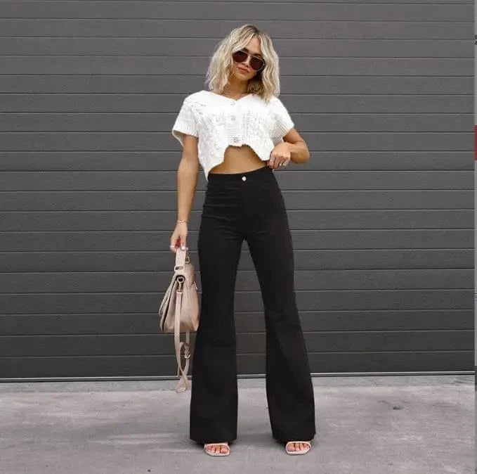 S / Black 2024 Best-Selling Spring and Summer Women's Middle Waist Long  Pants Straight Wide Leg Flared  Ladies Casual Loose Pant