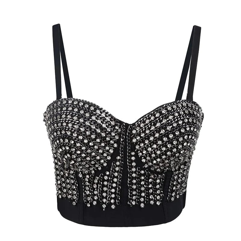 S / Black 2024 Corset Top Women Pearls Decoration Sexy Sleeveless Pearls Bustier Push Up Night Club Bralette Bra