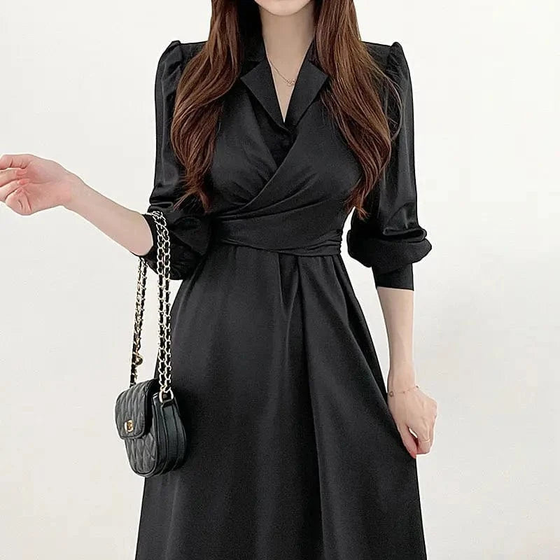 S / Black 2024 Early autumn French Elegant Lapel Cross Lace-up Waist Bubble Sleeve Shirt Dress Mid-length Dress
