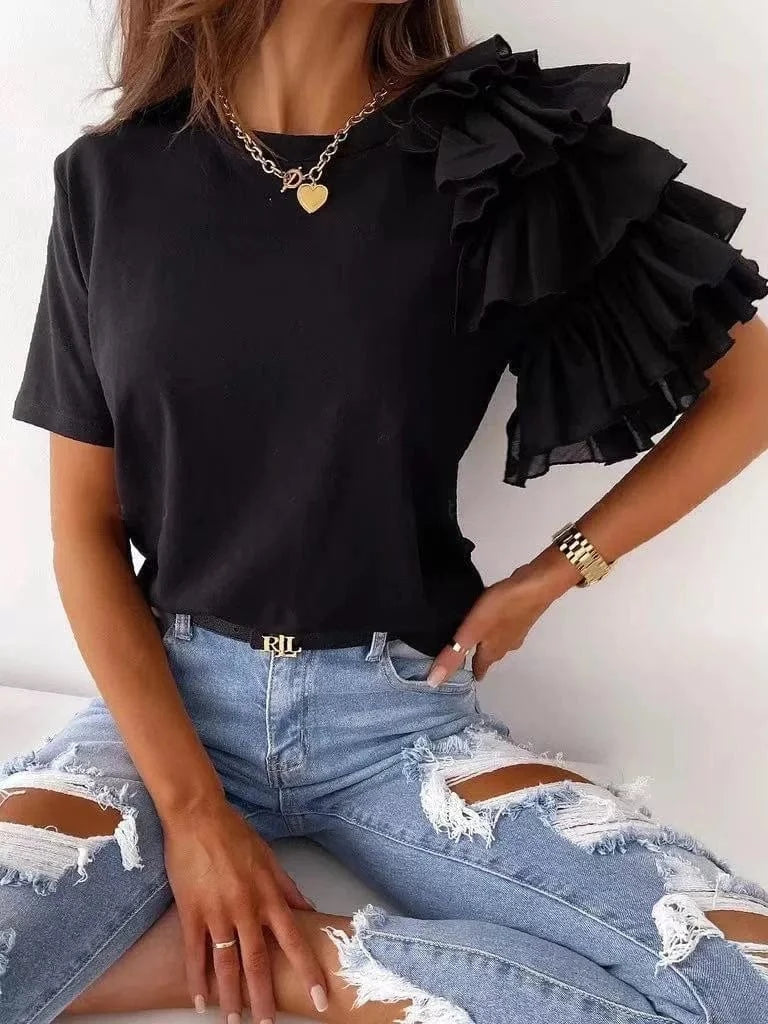 S / Black 2024 Summer Minimalist Fashionable Women Shirts Tops Solid Color Women's  Ruffle Edge Short Sleeve Versatile Round Neck