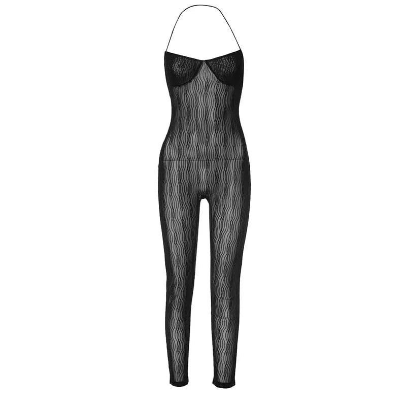 S / Black 2024 Summer Sexy Halter Mesh See Through Jumpsuits Women Sleeveless Skinny Pencil Pants One Piece Rompers