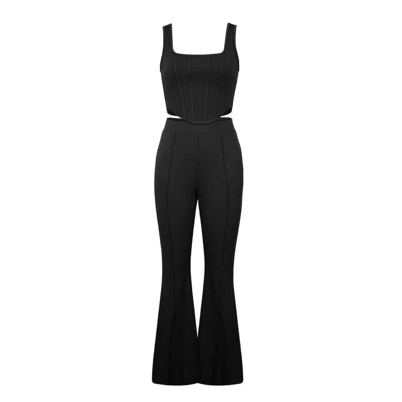 S / Black 2024 Wholesale Women Two-piece Set Suits Summer Lady Elegant Sleeveless Vest Tops and Split Long Pants Casual Suits