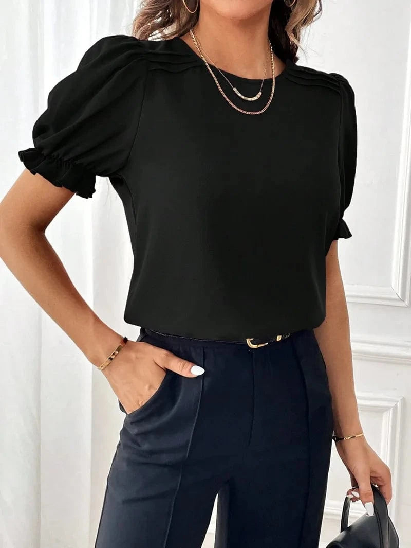 S / Black 2024 Women Lady  Hot Sale Elastic Short Sleeve Summer New Fashion Temperament Solid Color Round Neck Shirt Top