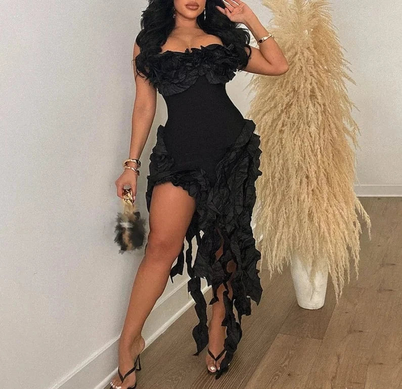 S / Black 2024 Women Sexy Tassels Evening Dress Club Party Prom Irregular Strapless Gown Spring Summer Fashion Bodycon Tube Dress