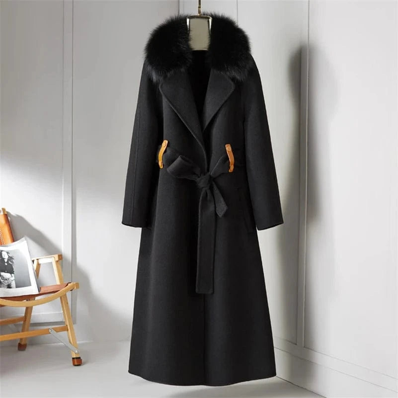 S / black 21173 Women 90% wool blends Long coat jacket with real fox fur collar overcoats jackets Trench