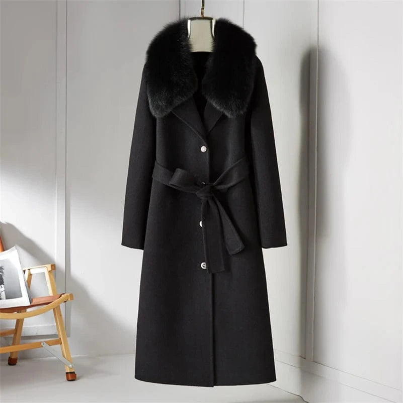 S / black 21181 Women 90% wool blends Long coat jacket with real fox fur collar overcoats jackets Trench