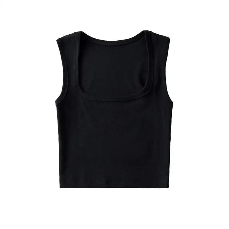 S / Black 24 colors Custom logo blank plain Square Neck deep Wide Rib Stretchy Sleeveless Women's Tank top women crop top