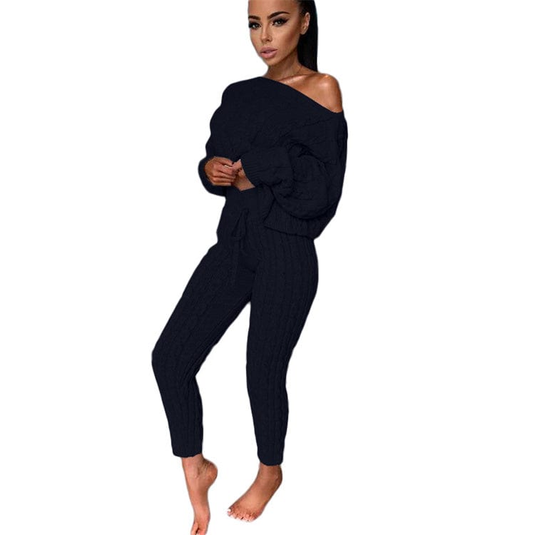 S / black 2pcs/Set Autumn Winter Knitted Outfits Women Pant Suits Sexy One Shoulder Sweaters Skinny Pants Two Piece Set Women